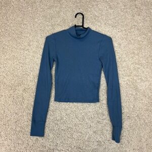 American Eagle Waffle Knit Thermal Top Womens XS Blue Cropped Turtleneck Casual